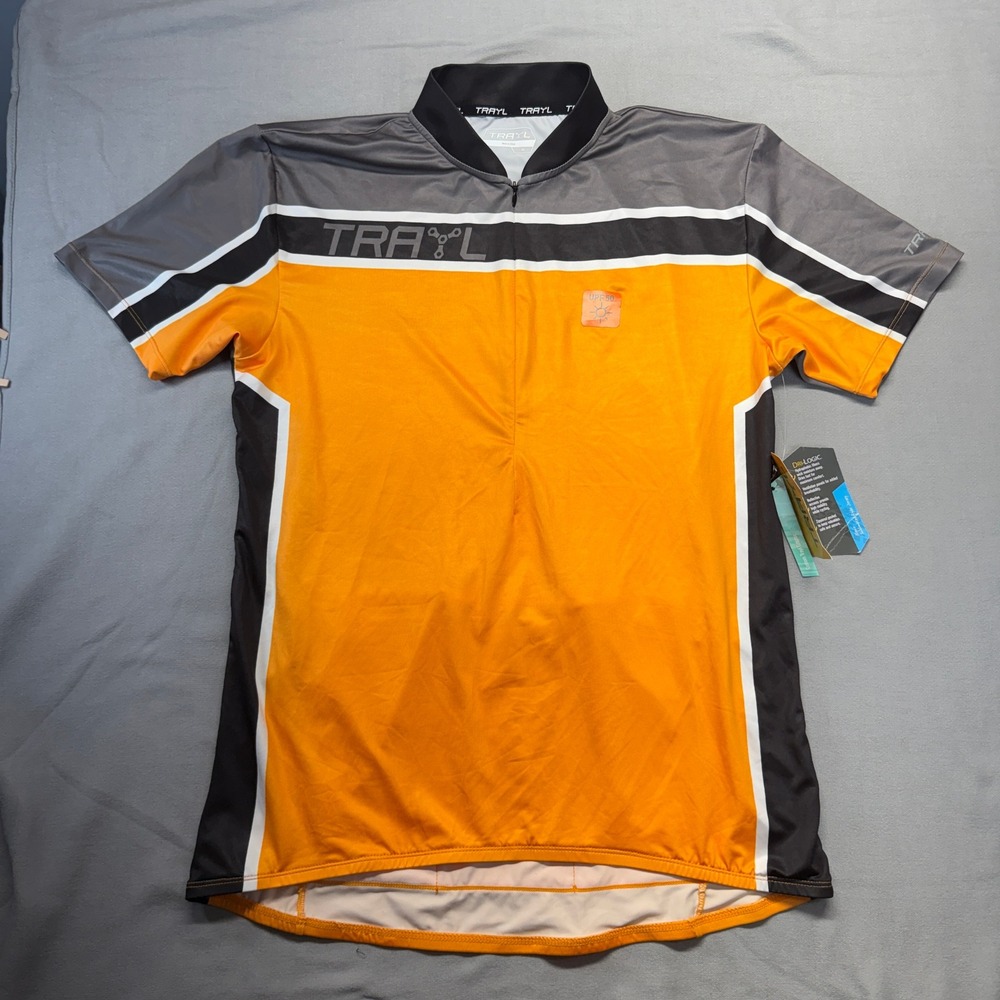 NWT TRAYL Cycling Jersey Mens Medium Orange Black UPF 50 1/4 Zip Short Sleeve